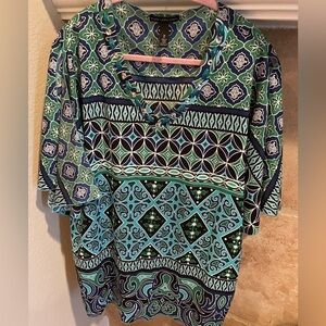 NWOT Chico’s Black Label Jeweled V-neck turquoise Blue geometric silky Poncho L